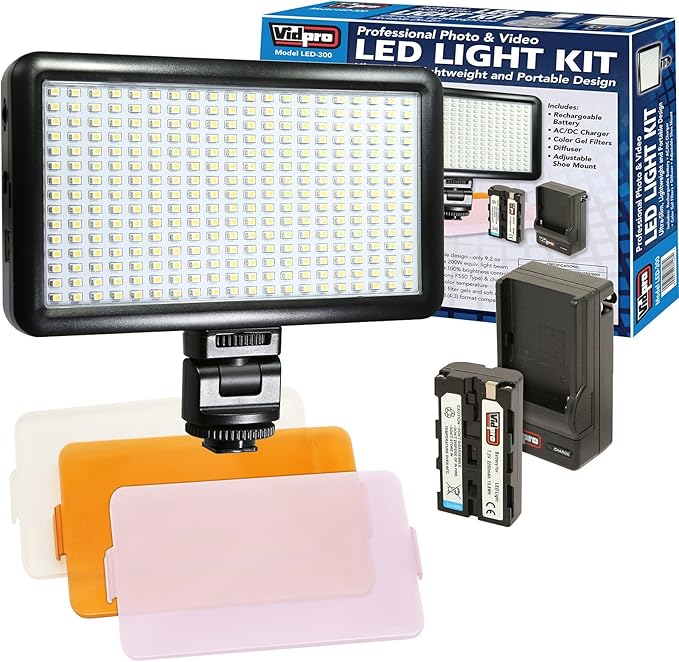 Vidpro LED-300 Photo and Video Light Kit - On Camera Panel LED Light - Adjustable and Dimmable Light Fits Cameras Video Camcorders and DLSR w/Hot Shoe Includes Rechargeable Battery Diffuser and More