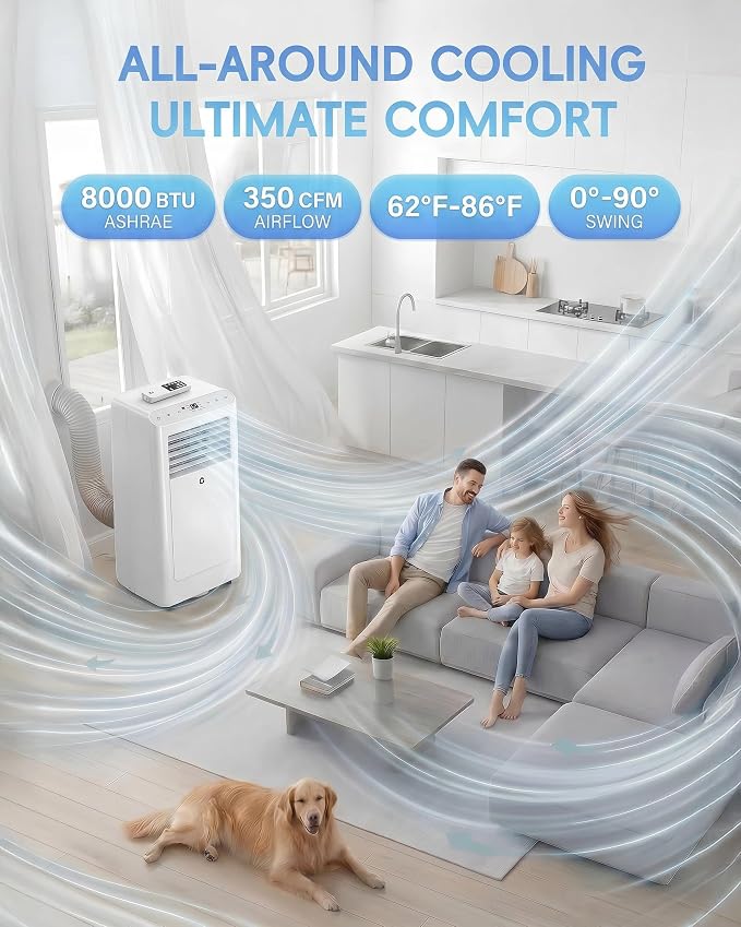 Garvee 8000 BTU Portable Air Conditioners,Up to 350 Sq.Ft. Remote Control 48dB Portable AC Unit, Dehumidifier, Fan, Sleep, 24H Timer&Installation Kit, DOE Certified, Ceer 6.2,White+White Panel