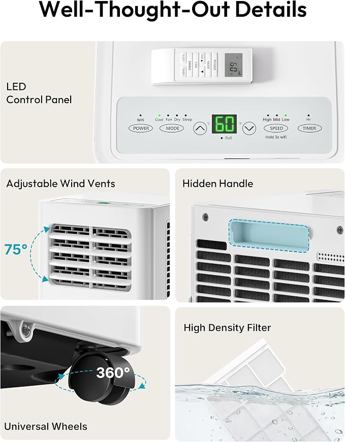 EUHOMY Portable Air Conditioners 14,000 BTU, 4-in-1 Portable Air Conditioner for Rooms Up to 650 Sq.Ft. with Cool, Fan, Dehumidifier, Sleep, Portable AC Unit with Remote & 24H Timer, Installation Kits