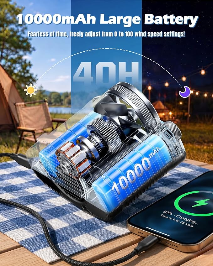 Portable Waist Fan with 360° Rotatable Air Tube, 10000mAh Clip on Personal Fan for 40H Cooling, 100+Turbo Speeds Rechargeable Battery Operated with Flashlight for Outdoor Golf Camping Travel (Black）