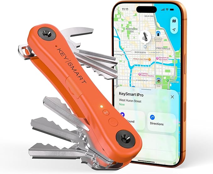 KeySmart iPro - Key Finder Locator with Sound, Keychain Key Holder, Apple Find My App Compatible, Key Organizer, Compact Clutter-Free Key Chain Tracker, Rechargeable Battery (Up to 14 Keys, Orange)