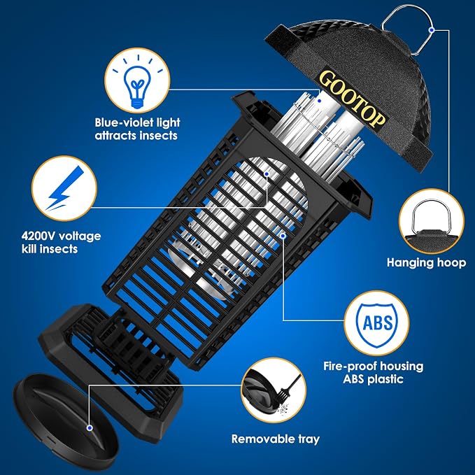 Bug Zapper Outdoor, 4200V Electric Mosquito Zapper, Bug Zapper Outdoor, Fly Traps, Fly Zapper, Mosquito Killer Indoor 3 Prong Plug, 90-130V, ABS Plastic Outer