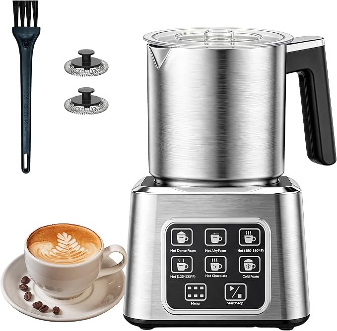 Electric Milk Frother and Steamer, 6-in-1 Automatic Milk Frother Machine with 500ml Milk Warmer, Hot & Cold Froth for Coffee, Latte & Hot Chocolate, Stainless Steel
