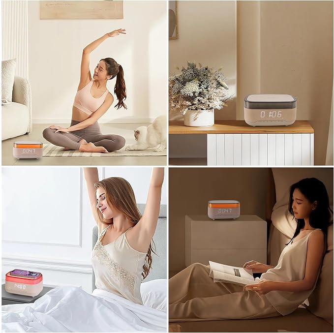 Bluetooth Speaker Alarm Clock with Night Light,6 in 1 Wireless Charging Station for iPhone 17/16/Samsung Series,Clock for Bedroom Adjustable 3 Levels Digital Brightness Touch Snooze Sleep Timer 12/24H