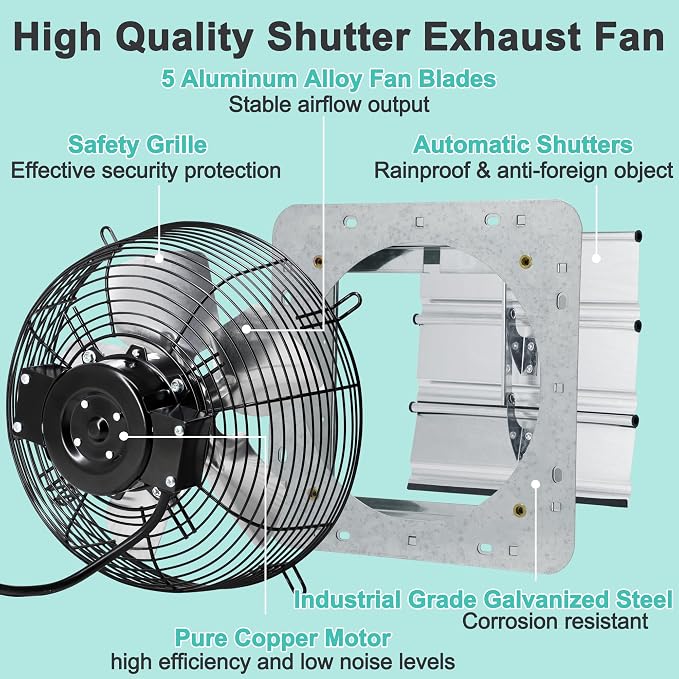 10 Inch Shutter Exhaust Fan with Thermostat and Speed Controller, Wall Mounted Vent Fan for Attic, Greenhouse, Shed, Garage, Chicken Coop, Shop Ventilation, 820 CFM, 1200 SQF Coverage Area