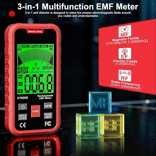 3-in-1 EMF Meter & Detector, Portable Rechargeable RF EF MF Tester with Sound & Light Alarm, for Home WiFi Signal & Electronics