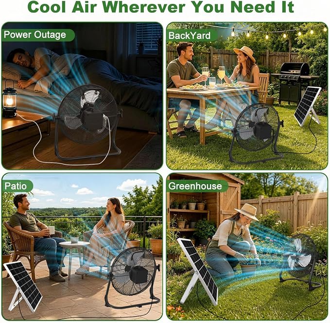 12" Solar Powered Floor Fan, Rechargeable Battery Operated Floor Fans with USB&Type C Output, 4.5-27H Runtime, Quiet Cordless Outdoor Fan for Outside Camping Greenhouse Shed Power Outage