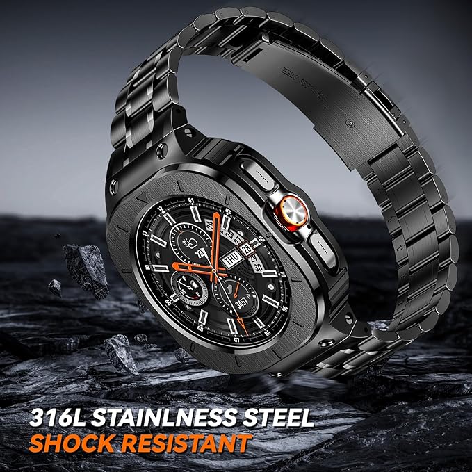 BAITEYOU Stainless Steel Bands with Case Compatible with Samsung Galaxy Watch Ultra 2/1 47mm (2025 2024), Rugged Protector Cover Metal Band for Galaxy Watch 7 8 Ultra for Men (Black)