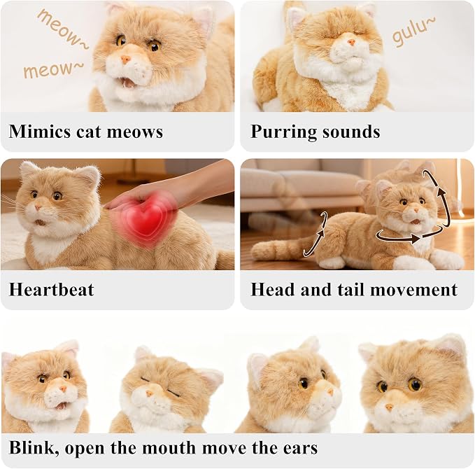 Chongker 24.8" Interactive Robot Cat Plush Realistic Stuffed Animals, Companion Robotic Cat with Meow Purring Heartbeat, Eye Mouth Ear Movement, Kitten Electronic Kitty Toy for Seniors