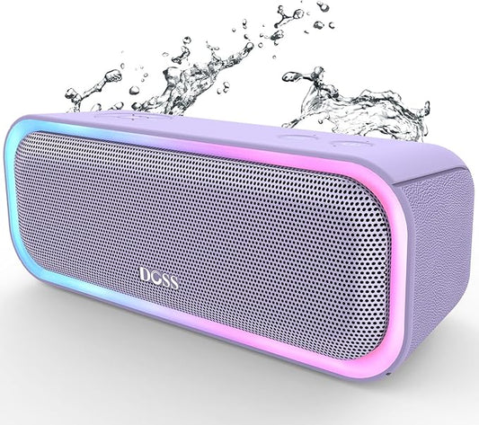 DOSS SoundBox Pro Bluetooth Speaker, 20W Stereo Sound, Active Extra Bass, 20H Playtime, Multi-Colors Lights, Wireless Stereo Pairing, IPX6 Waterproof for Garden, Hiking, Camping, Beach, Party-Purple