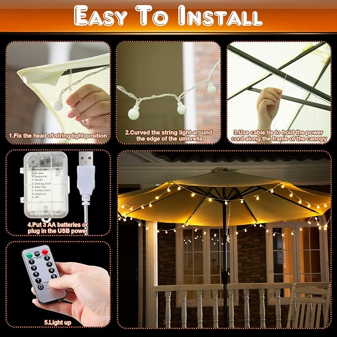1 Pack 32 Feet Patio Umbrella Lights, 8 Lighting Modes LED String Lights with 64 Pcs Shatterproof Globe, Remote Control Battery & USB Powered, Waterproof Hanging Light Decorate for Patio