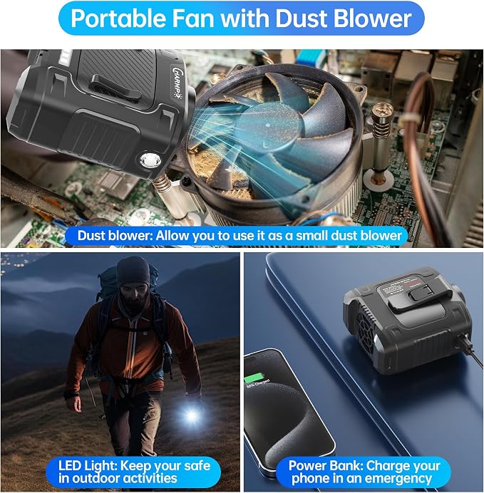 Waist Fan, Dual Motor Belt Fan, 12000mAh Rechargeable Cooler, 75ft/s Airflow, 17000RPM 5-Speed, Up to 24H Runtime, LED SOS & Red-Blue Warning Light for Jobsite, Farming, Camping