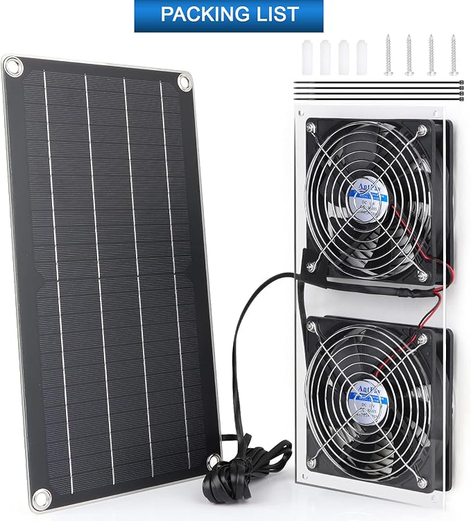 AntPay Solar Powered Fan Kit, IPX7 Weatherproof Dual Fan, Solar Exhaust Intake Cooling Ventilation for Chicken Coop,Greenhouse,Shed,Pet House,Outside with 11Ft/3.5m