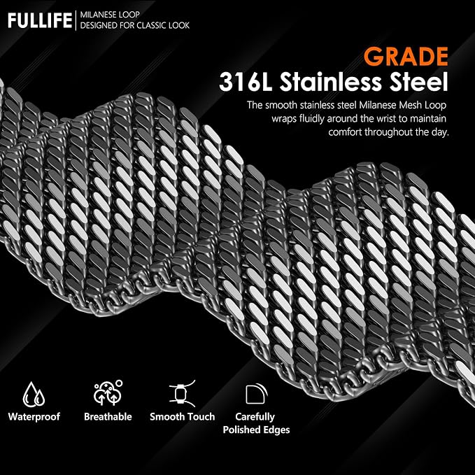 FULLIFE Milanese Mesh Loop for Apple Watch Band Apple Watch Ultra 3/2/1 Band 49mm 46mm 45mm 44mm Men Women, Stainless Steel Metal Band Parachute-style Buckle for iWatch Series 11 10 9 8 7 6 SE3 5 4 3