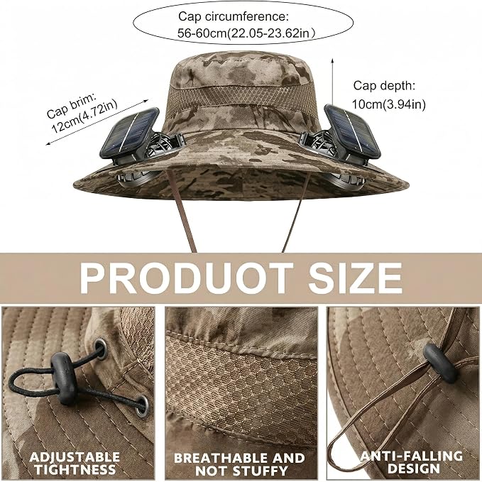 Outdoor Wide Brim Sun Hat with 2 Solar Powered Fan, Bucket Hat for Men Women, Fishing, Gardening & Beach Hat for Men