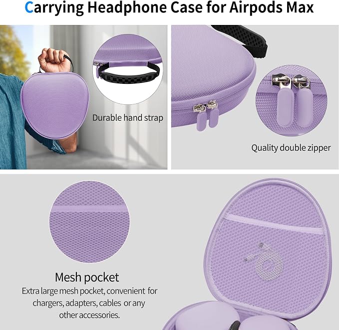 Hard Case for AirPods Max 2 Supports Sleep Mode,Travel Carrying Headphone Case with AirPods Max 2/1 Silicone Earpad Case/Ear Cups/Headband Cover,AirPod Max Protective Portable Storage Bag-Pastel Lilac