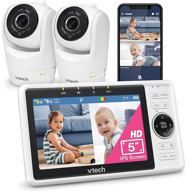VTech Smart WiFi Baby Monitor, 2 Cameras – See Both Rooms at Home or from Anywhere, Free App, 1080p Split Screen, 5" HD Screen, Pan-Tilt-Zoom, Night Vision | VM901-2