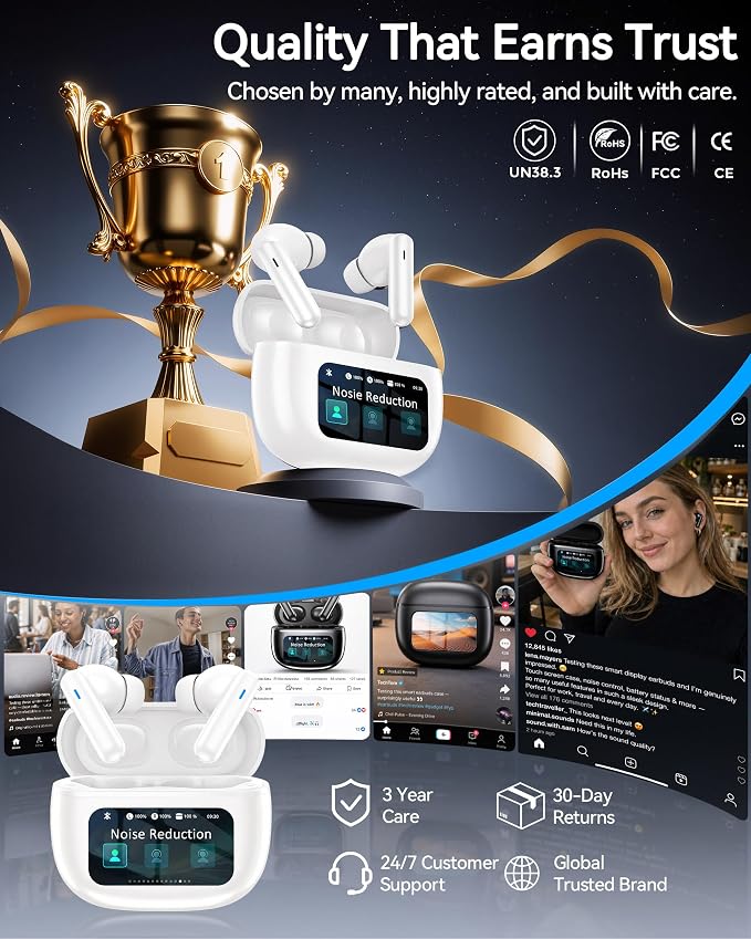 Wireless Earbuds with Smart Touchscreen Case, Bluetooth 6.0 Ear Buds with AI Noise Cancelling Calls, 40H Playtime Stereo Headphones, IPX7 Waterproof Earbuds for Workout, Travel, iPhone,Android,White