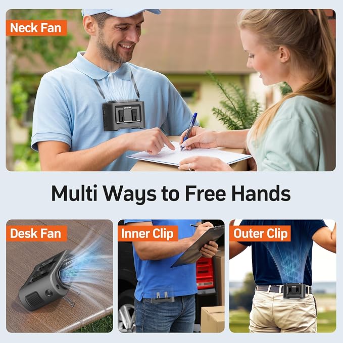 14500mAh Portable Waist Fan Clip On Belt- Rechargeable Battery Operated,Max 40H Cooling,5 Speed 14600RPM,Dual Air Vent, Hands-free Shirt Neck Fan With Light for Outdoor Jobsite Camping Traveling