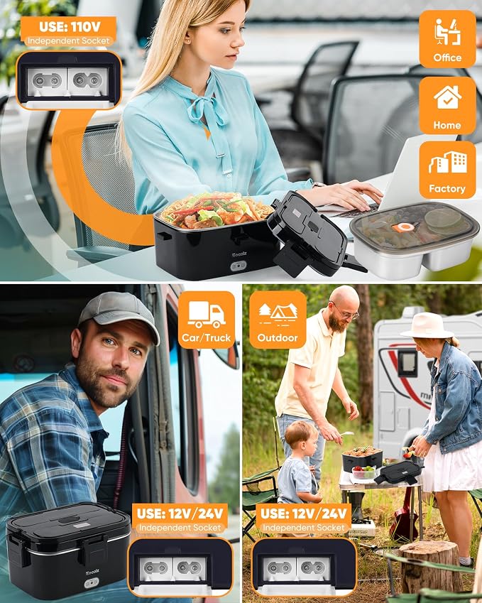 Eocolz Electric Lunch Box Food Heater 100W, Food Warmer with Dual Container 1.8L Portable Heated Lunch Box for Car Truck Work Stainless Steel Fork & Spoon 12/24/110V for Adults Lonchera Eléctrica