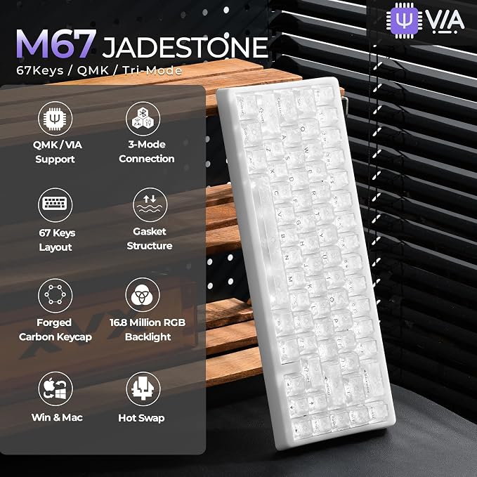 HITIME x XVX M67 JadeStone 60% Wireless Mechanical Gaming Keyboard, VIA Programmable, BT5.0/2.4G/USB-C Creamy Keyboard with Gasket, Hot Swap, RGB Backlits, NKRO for Win/Mac (White, Forged Carbon)