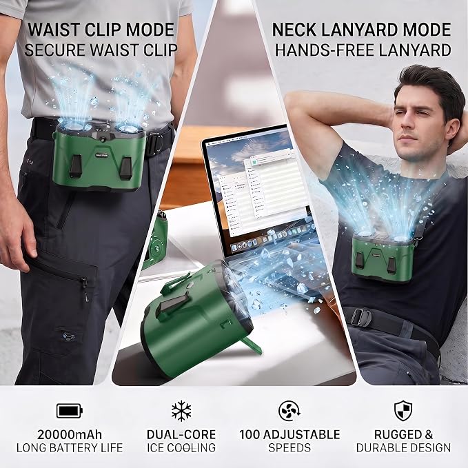 20000mAh Wearable Waist Fan, USB Rechargeable Personal Fan with 10 Wind Speeds, Dual Motors Portable Clip On Fan, Hands Free Cooling Fan for Outdoor Working Camping Travel (Green)