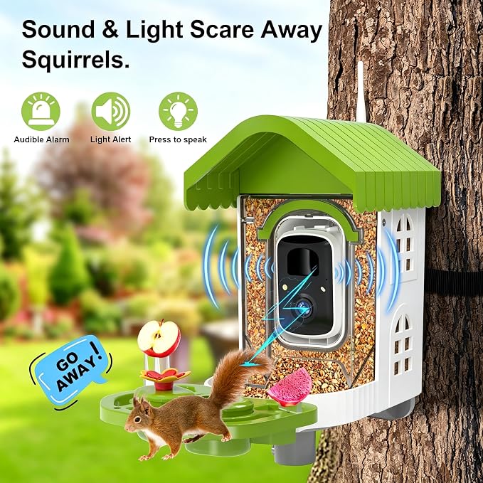 NEEZUKAR Smart Bird Feeder with Camera Solar Powered, AI Species Identification, 2K HD Video, Instant Arrival Alerts, Weatherproof Design for Outdoor, Best Gift for Bird Lovers(Green)