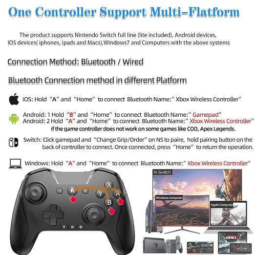 Bluetooth Controller for Switch/Mac/PC/Steam/Mobile Phone/iOS/Android//TV/iPad/Table/Apple Arcade MFi Games, switch pro controller wireless with Adjustable Dual Motion,Turbo,Macros,6-Axis,Wake Up for Black Myth: Wukong