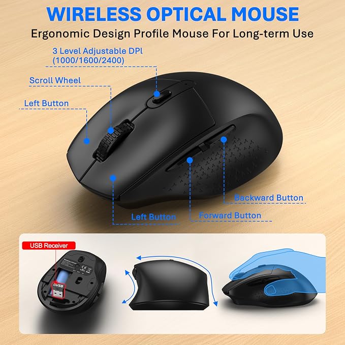 Ergonomic Wireless Keyboard Mouse Combo, EDJO Bluetooth/2.4G Dual-Mode Connection, Soft Foam Wrist Rest, Silent Typing, Waves Key Design and 3-Level DPI Adjustable Wireless Mouse for Windows, Mac OS