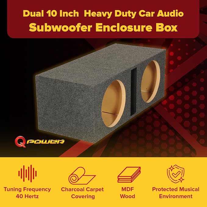 Q Power 10 Inch Dual Car Audio Subwoofer Enclosure Box, Shared Slot Port Vent, QBASS, Charcoal – Automotive Accessories and Equipment