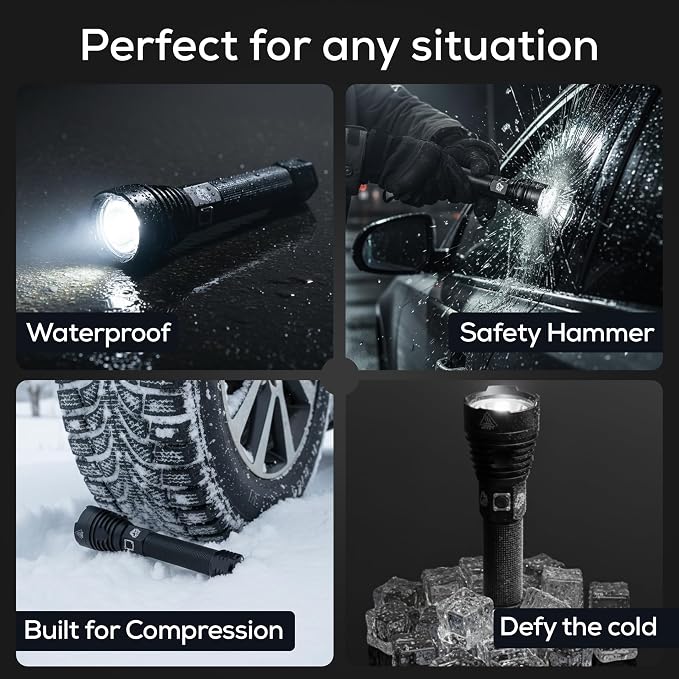 LPO Tactical Flashlight Long Range Adjustable Focus, USB Rechargeable Flashlights 2500 Lumens, Super Bright, Multi-Mode, Durable Aluminum Body, Water Resistant & Shockproof, Gift for Men