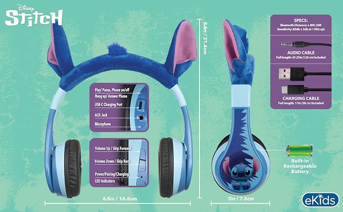 Disney Stitch Bluetooth Headphones for Kids, Wireless Headphones for School | Volume Reduced and Built-in Microphone