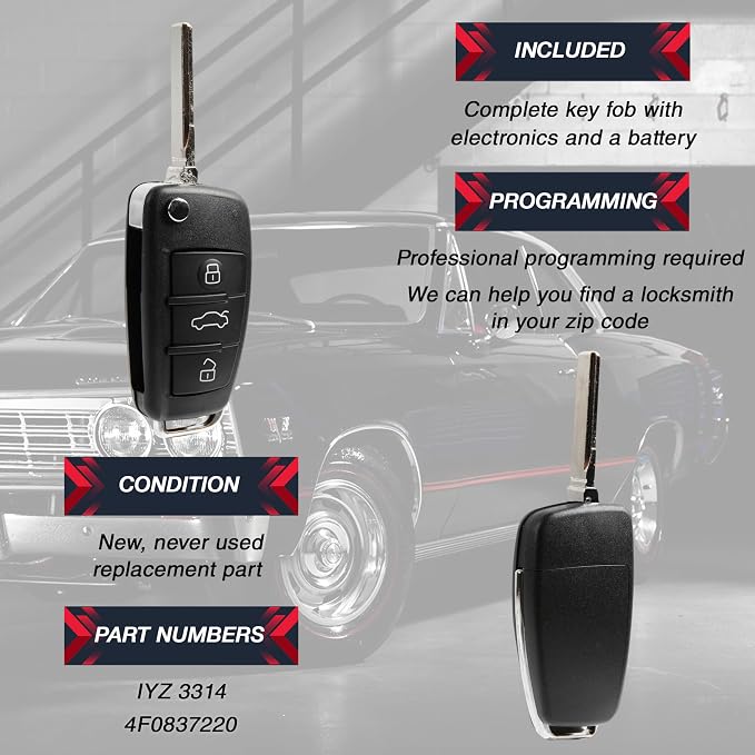 USARemote Key Fob Replacement Keyless Entry Remote for 2006 2007 2008 2009 2010 2011 2012 2013 2014 2015 Audi A3 A4 A5 A6 A8 Q R S TT Quattro 3-Button with Panic Flip Key (IYZ 3314, 4F0837220)