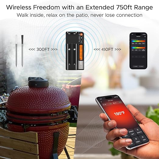 Smart Wireless Meat Thermometer with 2 Ultra-Thin Probes, Bluetooth Meat Thermometer Probe with Dual Probes with BBQ Grill Gloves for BBQ Grill Oven Smoker