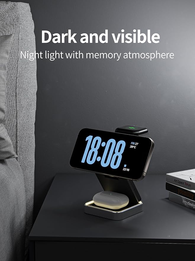 3 in 1 Wireless Charging Station Magnetic Wireless Charger,Portable Foldable Travel Essential with Nightlight Fast Charger Stand for iPhone 17 Pro Max/17 Pro/17Air/17/16/15/14/13,AirPods&Apple Watch