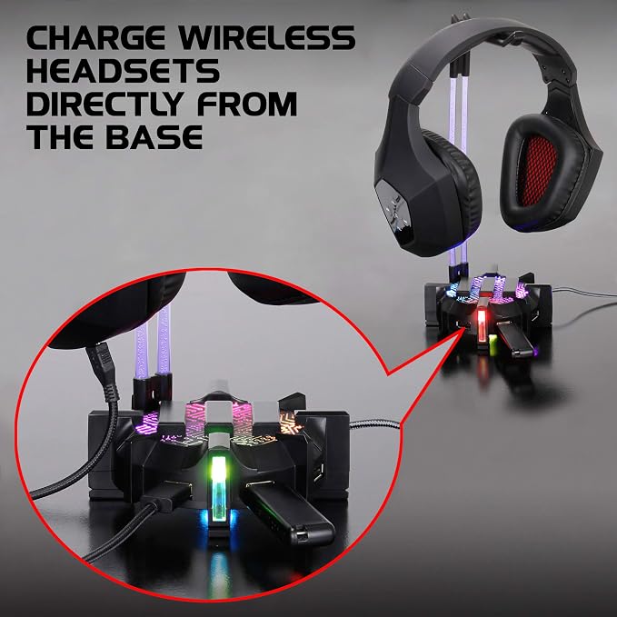 ENHANCE Gaming Headphone Stand Headset Holder with 4 Port USB Hub, Customizable LED Lighting, Flexible Acrylic Neck - Universal Hanger with Weighted Base for Wired or Wireless Headsets - PS4, Xbox, PC