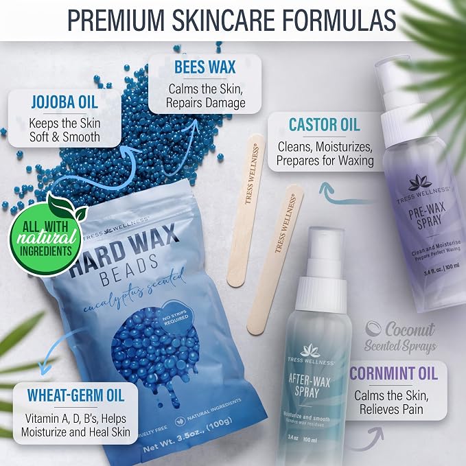Tress Wellness Award Winning Waxing Kit for Sensitive Skin – Safe for Face & Skin, Easy to Use – At-Home Kit for Face, Bikini, Brazilian & Full Body - Digital Display, Beige