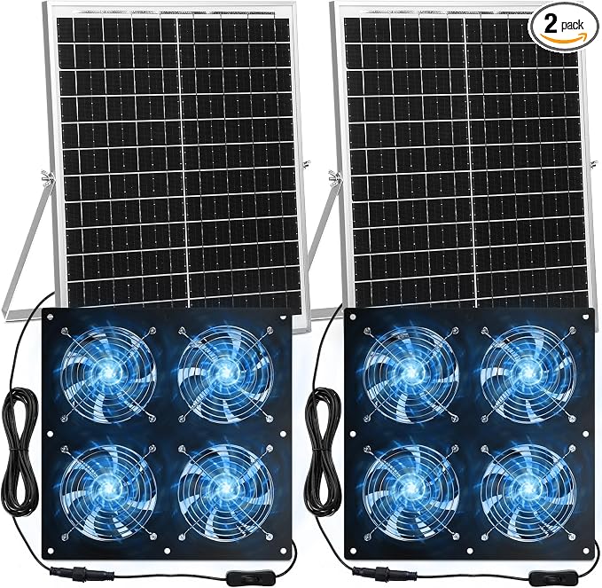 Solar Powered Fan 11.8" Greenhouse Exhaust Fan Solar 4 Fan Kit 25W Solar Panel Powered Exhaust Fan with Aluminum Bracket for Attic, Shed, Barn, Dog House, DIY Cooling Ventilation Project(2 Set)