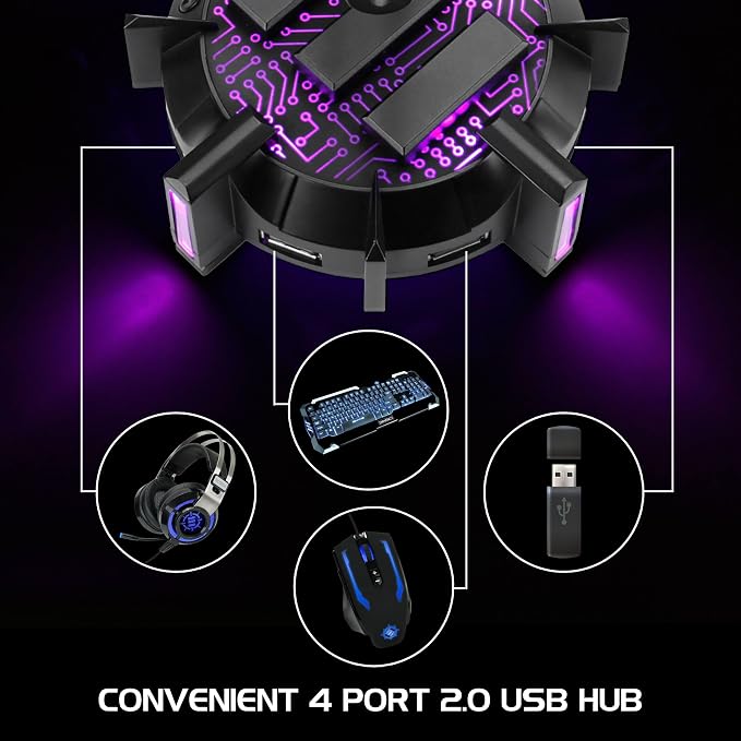 ENHANCE Gaming Headphone Stand Headset Holder with 4 Port USB Hub, Customizable LED Lighting, Flexible Acrylic Neck - Universal Hanger with Weighted Base for Wired or Wireless Headsets - PS4, Xbox, PC