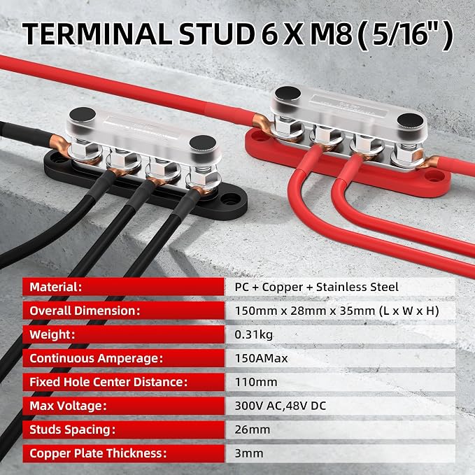 150A 12V Bus Bar Terminal Block with 4 x 5/16" (M8) Studs & Cover, Power Distribution Block for Marine Automotive Solar, 12 Volt Battery Bussbar with 8 Copper Lugs & Heat Shrink Tubing, Red Black Pair