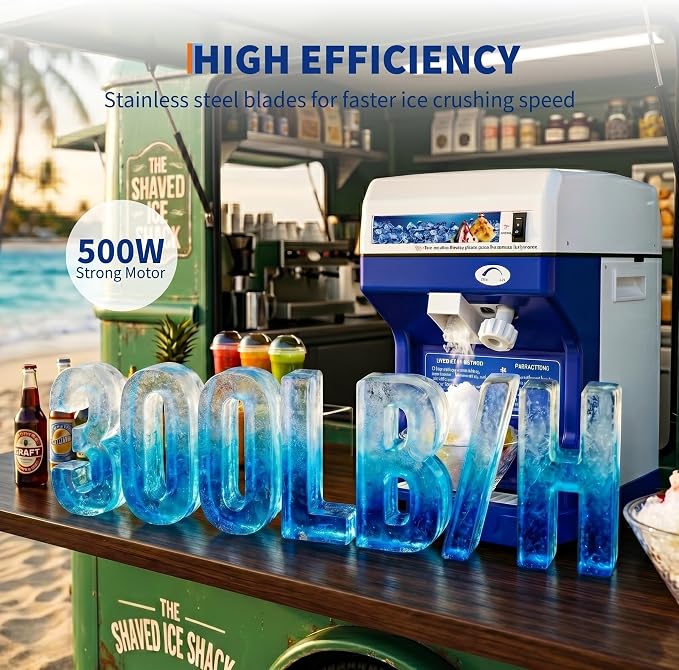 Garvee Commercial Ice Shaver Crusher 300LBS/H, 500W Electric Snow Cone Maker, 500RPM Tabletop Ice Shaving Machine with 4.41LBS Hopper & Stainless Steel Blade for Home, Parties, Snack Bars, Blue