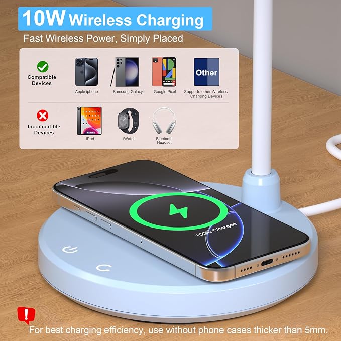 Desk Lamps for Home Office - LED Desk Lamp with Wireless Charger, 3 Color Modes Dimmable Eye-Caring Study Reading Desk Light, Small Flexible Arm Table Lamp for College Dorm Room Bedside, Blue