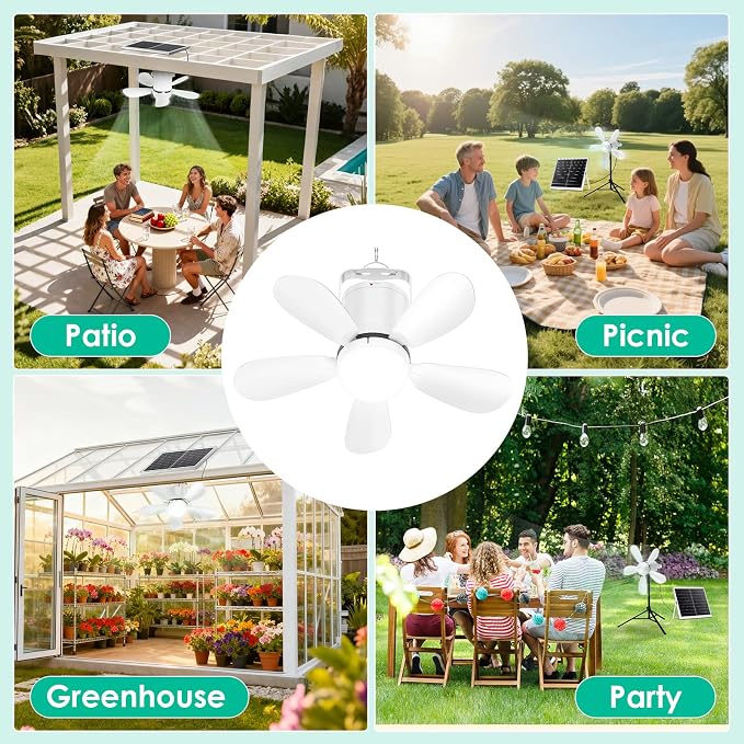 Solar Ceiling Fan Light, 25W Solar Powered Portable Gazebo Fan with Remote, Wireless Battery Operated Ceiling Fan Light Outdoor, Tent fan for Camping RVs Patio Canopy Chicken Coop Outside