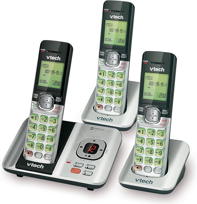 VTech CS6529-3 3-Handset Cordless Phone with Answering Machine, Caller ID/Call Waiting, DECT 6.0, Handset Speakerphone, Wall Mountable (Silver/Black)