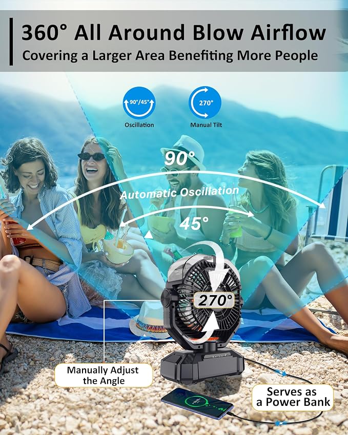 Portable Rechargeable Misting Fan with 12oz Water Tank, Auto Oscillating, Remote, Timer, Light, 8 Speeds, 9-Inch, 20000mAh 120H Battery Powered Mist Fan for Camping, Travel, Worksite, Poweroutage