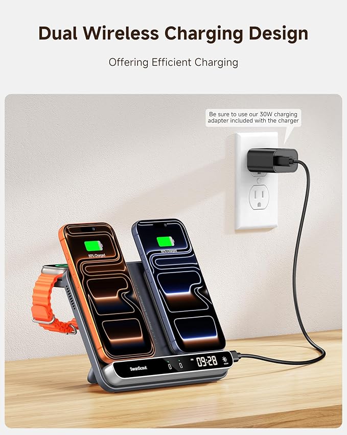 Dual Phone Charger, Wireless Charger for iPhone 17/16/15/14/13/12 Series, for Apple Watch 11/10/9/8/7/Ultra 3/SE 3, for AirPods 4/Pro 3/Pro 2, SwanScout 710A