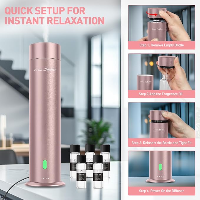 Waterless Scent Diffuser Starter Kit - 1000 Sq Ft Coverage, Hotel Scent Diffuser, Essential Oil Diffuser for Home & Large Room, Included 5 Scent Oils, Remote Control, Rosepink, 11In