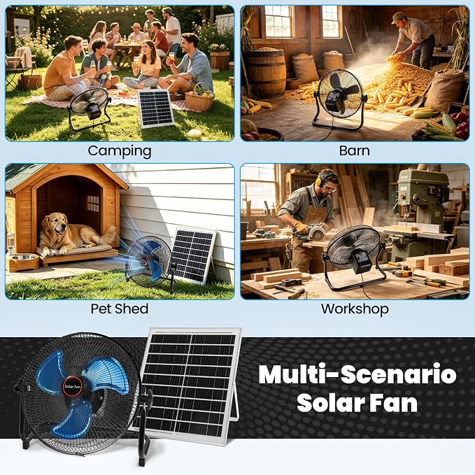 GOESWELL Solar Powered Fan for Outdoor:12inch Floor Solar Fan with USB Rechargeable Battrey Portable Metal Blades 360° Tilt Timer for Camping Pool Pavilion Lake Chicken Coop Travel Greenhouse Dog