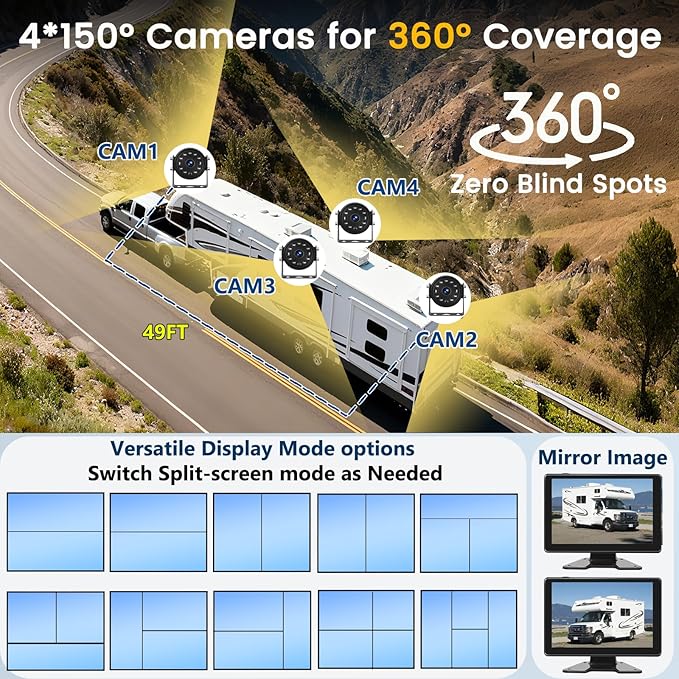 1080P 4-Wired Backup Camera System for Truck/RV Plug and Play, 9" HD Touch DVR Quad Split Monitor 4 Side Rear View Camera, 64GB Card Reverse Camera for Trailer/Tractor/Bus, Waterproof IR Night Vision