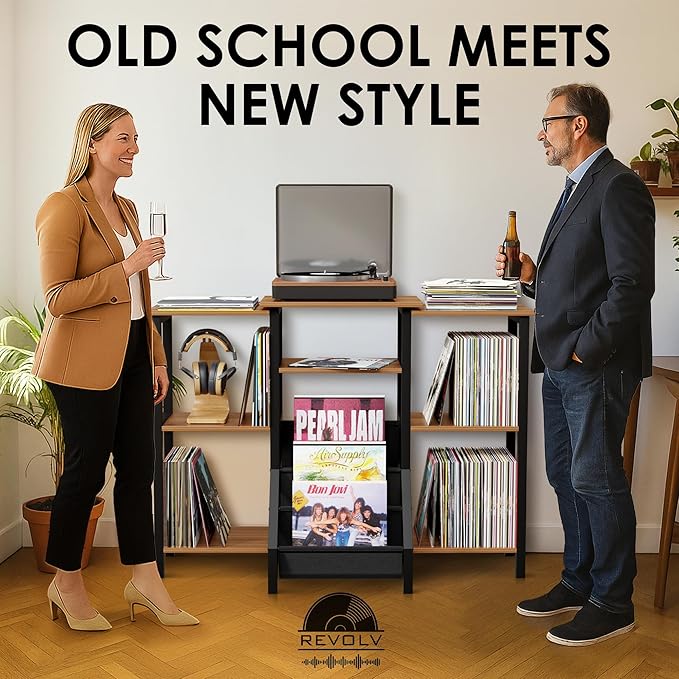 Record Player Stand With Vinyl Storage - Tall 36" Turntable Cabinet With Storage - Mid Century Modern Record Player Table - Vinyl Record Storage Shelf For 300+ Albums